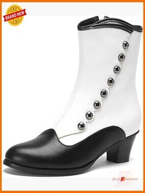 Victorian Ankle Boots Chunky Heel Round Toe Side Zipper Button Design